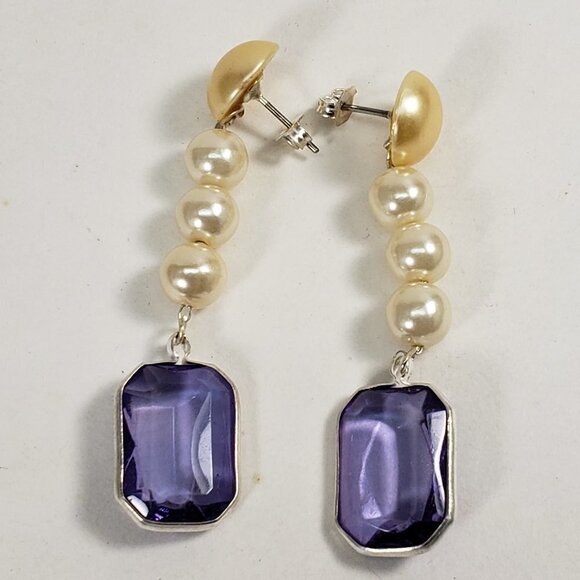 Off-White Bead Rectangular Shape Blue Stone Post Drop Dangle Earrings - Women - Picture 4 of 6